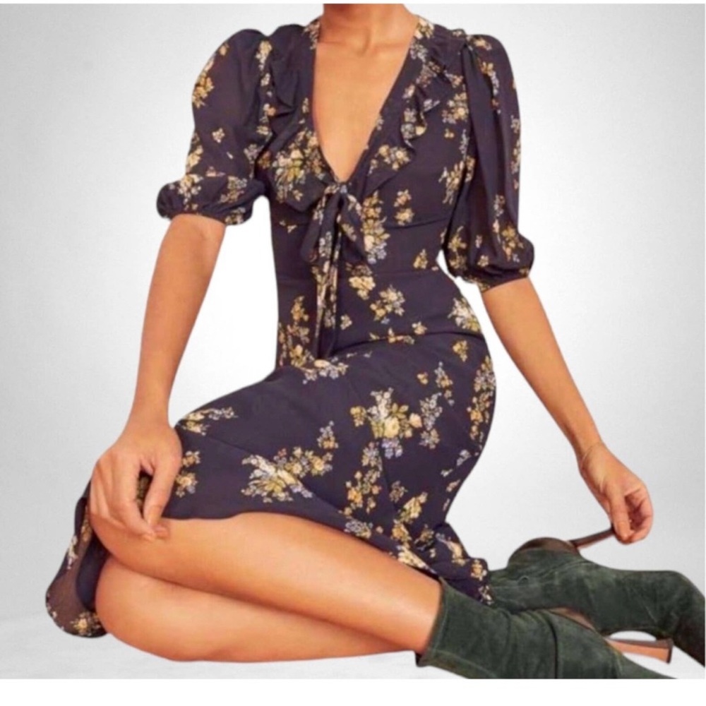 Reformation Dress Womens 2 Brook Floral Tie Vittoria Navy